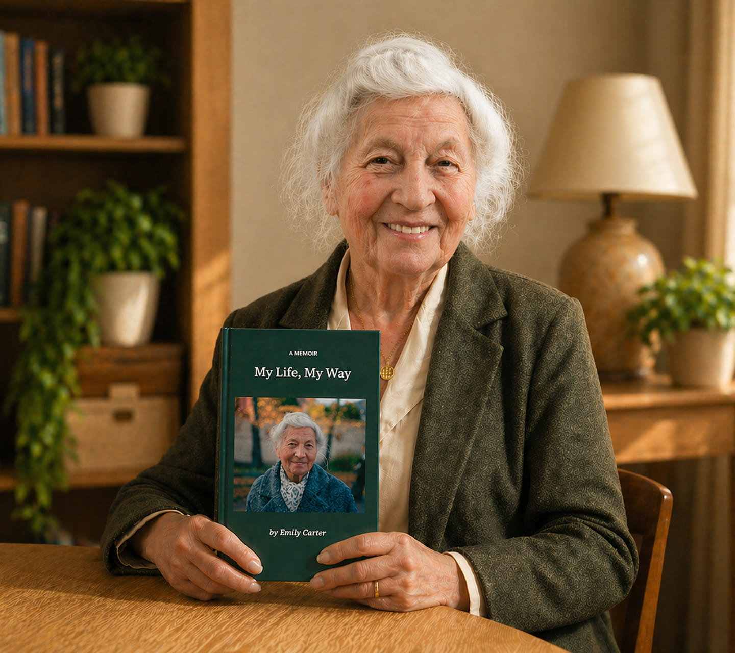 A smiling older woman at a table holding her finished green Memowrite memoir, My Life, My Way